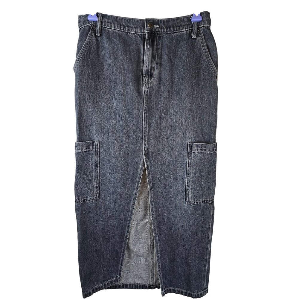 Old Navy Denim Cargo Maxi Skirt Mid-Rise Size 2 Blue Cotton Blend Front‎ Slit